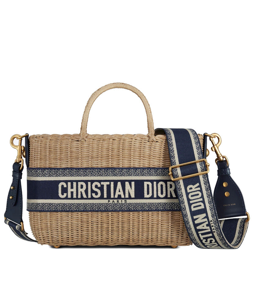 Christian Dior Wicker Basket Canvas with Leather Bag Apricot